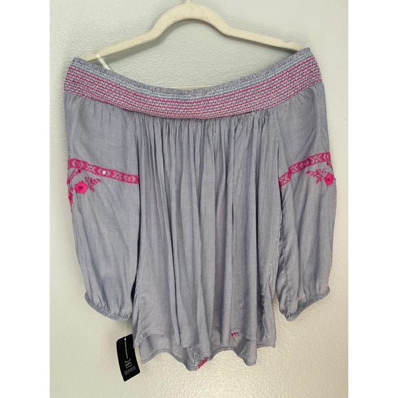 INC Off the Shoulder Blue with Hot Pink Embroidered Smocked Size S Bohemian Chic - Picture 10 of 10